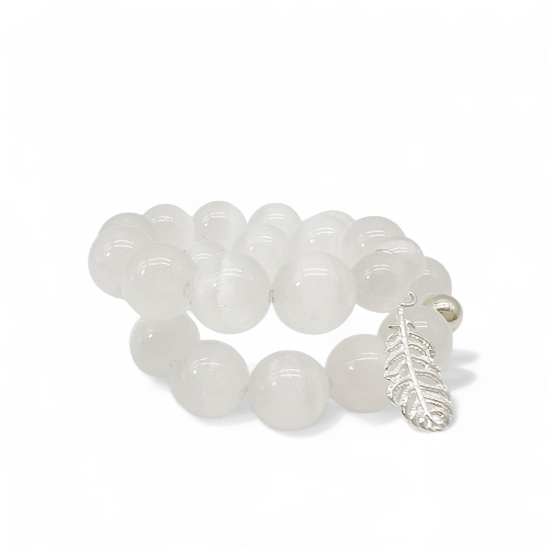 Selenite Crystal Bracelet for Angelic Connection with 6mm or 8mm Beads and Sterling Silver Feather