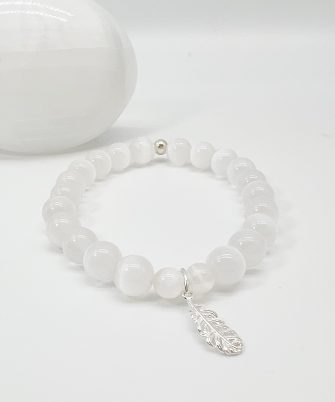 Selenite Crystal Bracelet for Angelic Connection with 6mm or 8mm Beads and Sterling Silver Feather - 8 mm beads
